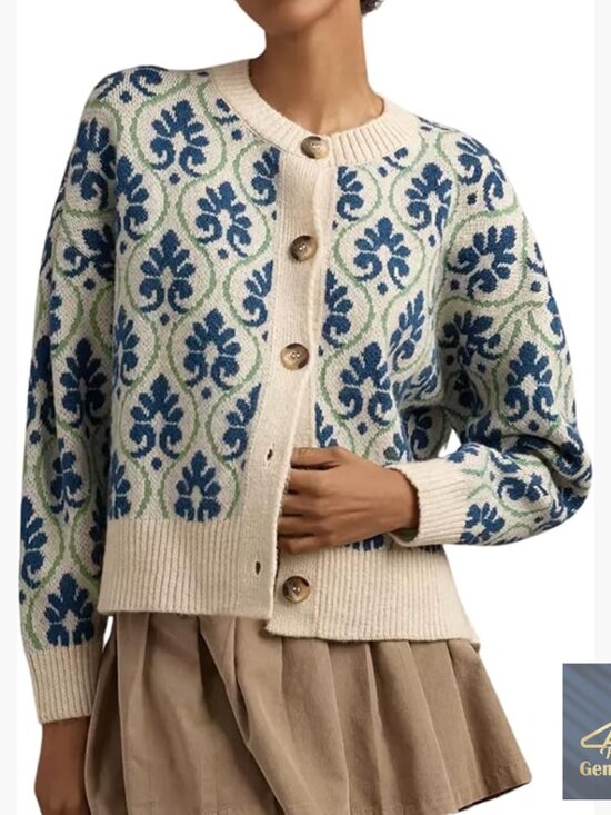 Sweaters - Long Sleeve Floral Cardigan Sweater Open Front Button Down Vintage Outerwear